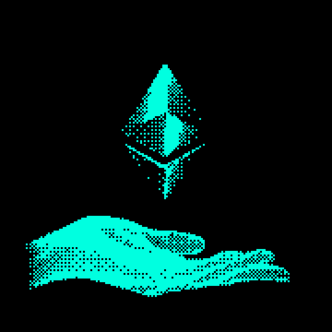 Dithered illustration of a hand holding an ETH coin